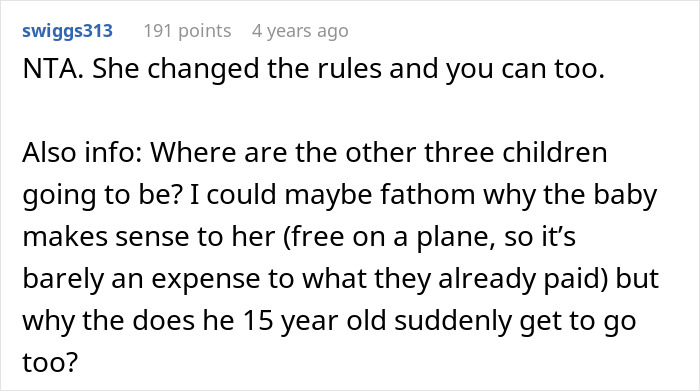 Comment discussing babysitting challenges and planning for a vacation without kids and managing family expectations.
