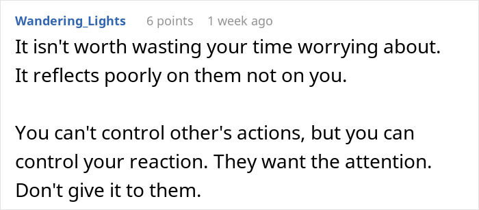 Comment text advising not to worry about rude actions, highlighting control over reactions, related to bride’s wedding planning stress. Comment text advising not to worry about rude actions, highlighting control over reactions, related to bride’s wedding planning stress.