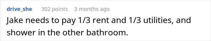 Text comment on a white background about paying rent and showering in another bathroom, showing woman annoyed at roommate’s BF using her shower. Text comment on a white background about paying rent and showering in another bathroom, showing woman annoyed at roommate’s BF using her shower.