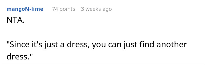 Reddit comment discussing wedding dress sisters drama, mentioning finding another dress and dismissing the issue. Reddit comment discussing wedding dress sisters drama, mentioning finding another dress and dismissing the issue.