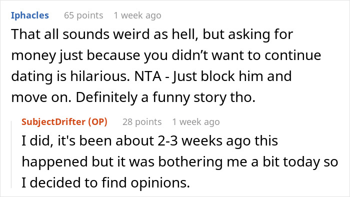 Online conversation about a woman telling a guy no spark after first date and him demanding payment for meal.