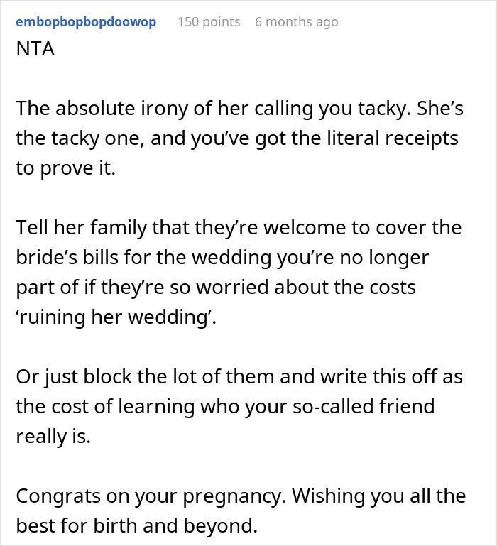 Reddit comment discussing maid of honor demands thousands back after bride excludes her due to pregnancy weight issue. Reddit comment discussing maid of honor demands thousands back after bride excludes her due to pregnancy weight issue.