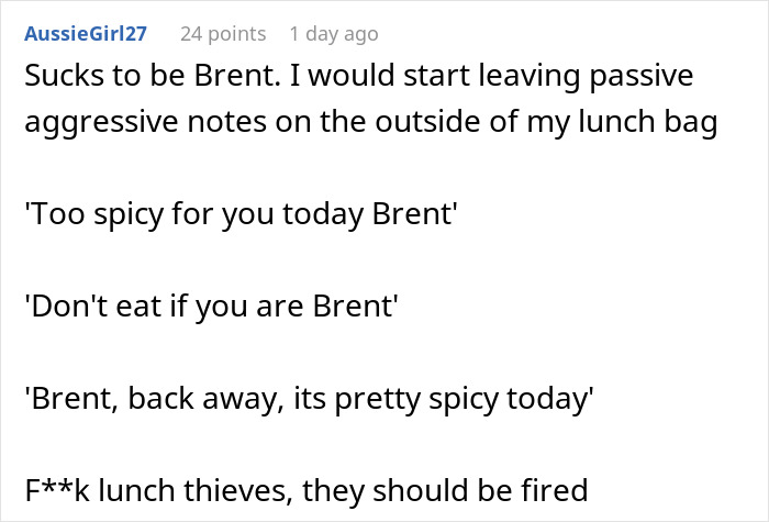 Text conversation showing a coworker suggesting leaving passive aggressive notes on a spicy lunch to stop theft. Text conversation showing a coworker suggesting leaving passive aggressive notes on a spicy lunch to stop theft.