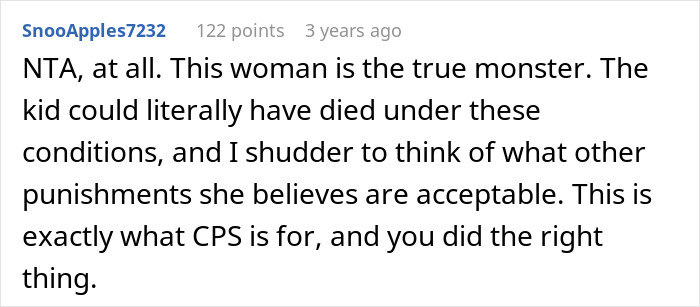 Screenshot of a Reddit comment discussing a mom throwing her kid out on a cold Christmas night and neighbors calling CPS.