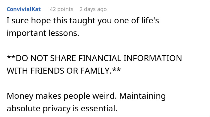 Comment warning about sharing financial information with friends or family, highlighting privacy and inheritance disputes.