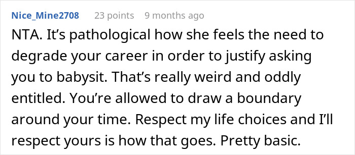 Comment explaining why brother quits babysitting after sister says his job isn’t real work, showing boundary setting. Comment explaining why brother quits babysitting after sister says his job isn’t real work, showing boundary setting.