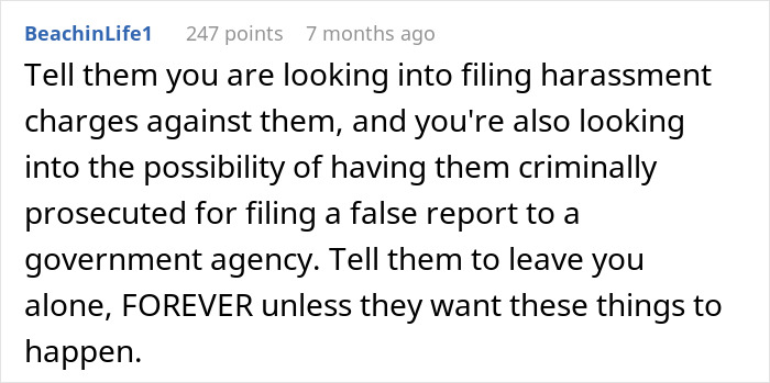 Comment discussing potential harassment charges and criminal prosecution for filing a false report to a government agency. Comment discussing potential harassment charges and criminal prosecution for filing a false report to a government agency.