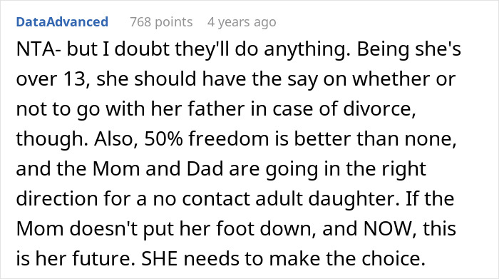 Text comment discussing doubts about calling CPS after learning about niece’s home life and family dynamics related to divorce. Text comment discussing doubts about calling CPS after learning about niece’s home life and family dynamics related to divorce.