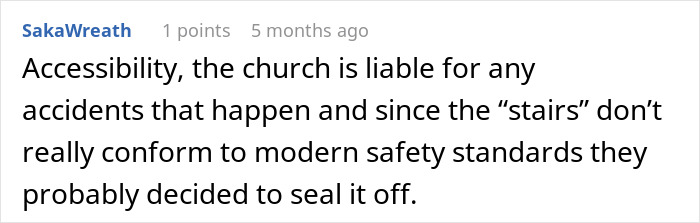 Comment about church accessibility and safety concerns regarding stairs during restoration works.