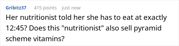 Comment about a coworker reserving a microwave due to dietary needs shared in an online discussion thread. Comment about a coworker reserving a microwave due to dietary needs shared in an online discussion thread.