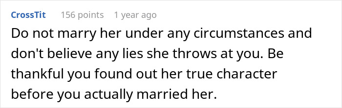 Comment warning against trusting a partner after a private investigator reveals their true character. Comment warning against trusting a partner after a private investigator reveals their true character.