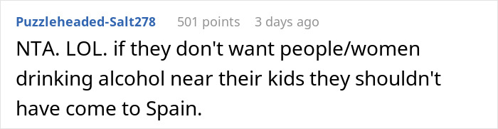 Comment about solo traveler and entitled lady expecting no alcohol drinking near kids, discussing women drinking alcohol. Comment about solo traveler and entitled lady expecting no alcohol drinking near kids, discussing women drinking alcohol.