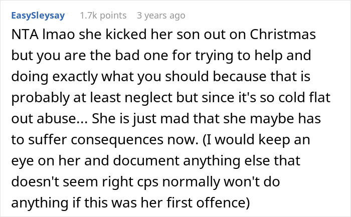 Comment discussing a mom throwing kid out on cold Christmas night, neighbors calling CPS for possible neglect or abuse.