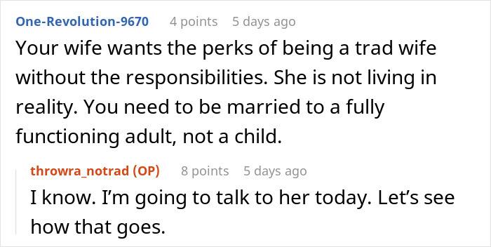 Reddit discussion about a woman wanting to be a tradwife and husband explaining the realities of tradwife responsibilities. Reddit discussion about a woman wanting to be a tradwife and husband explaining the realities of tradwife responsibilities.