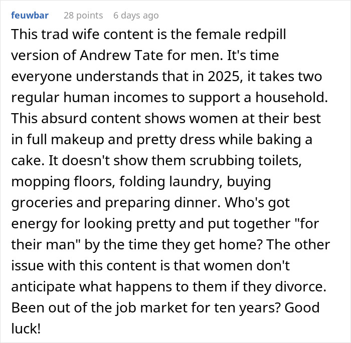Redpill perspective on tradwife lifestyle showing women in makeup and dress, contrasting with household chores and financial realities. Redpill perspective on tradwife lifestyle showing women in makeup and dress, contrasting with household chores and financial realities.