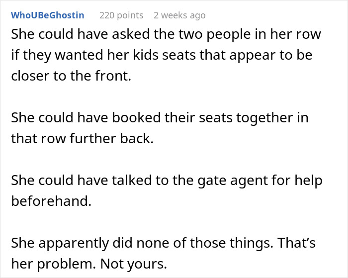 Comment explaining alternatives for seat changes on a 10-hour flight, emphasizing refusing to give up a seat.
