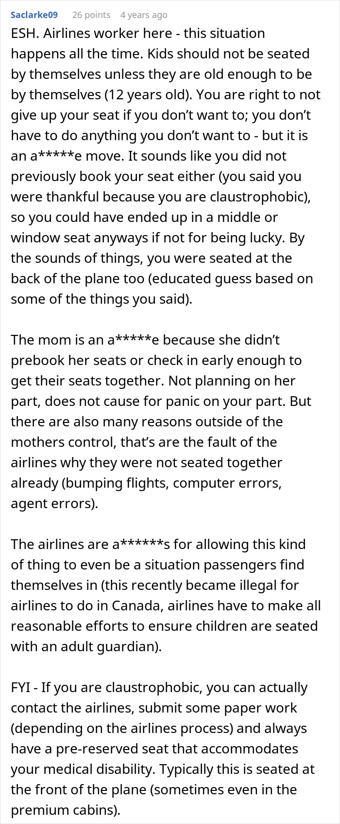 Comment from airline worker explaining why not switching seats with a mother on an airplane and ignoring her children is justified. Comment from airline worker explaining why not switching seats with a mother on an airplane and ignoring her children is justified.