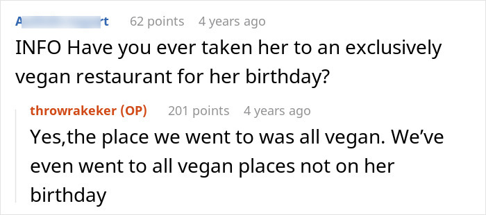 Screenshot of a conversation discussing refusing to eat a vegan meal prepared for a girlfriend's birthday celebration.