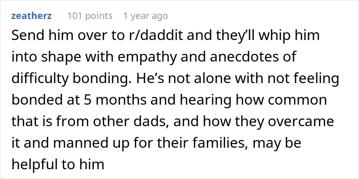 Comment discussing a man struggling to bond with his daughter born via cesarean and facing demands for divorce. Comment discussing a man struggling to bond with his daughter born via cesarean and facing demands for divorce.