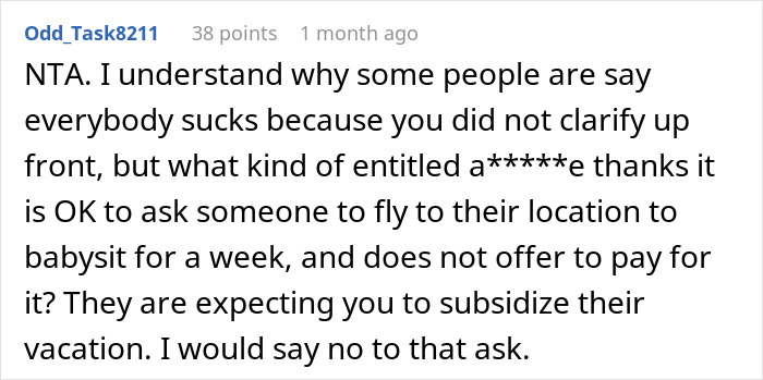 Screenshot of a Reddit comment discussing a couple flying out to babysit nephew while sister refuses to pay for flights. Screenshot of a Reddit comment discussing a couple flying out to babysit nephew while sister refuses to pay for flights.
