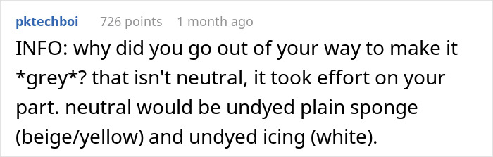 Screenshot of a forum comment discussing gray cake color choice failing at a gender reveal party, blaming pregnant sister. Screenshot of a forum comment discussing gray cake color choice failing at a gender reveal party, blaming pregnant sister.