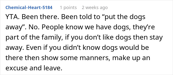 Reddit comment discussing dog presence at events, expressing frustration with requests to put dogs away from kid birthday mom demand.