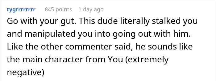 Commenter warning about boyfriend stalking before they met, expressing feelings of manipulation and distrust in the relationship. Commenter warning about boyfriend stalking before they met, expressing feelings of manipulation and distrust in the relationship.