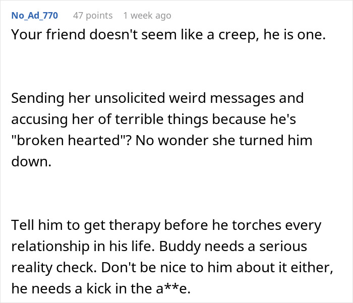 Alt text: Screenshot of a Reddit comment describing a guy turning psycho after his crush chose his friend, urging therapy and a reality check. Alt text: Screenshot of a Reddit comment describing a guy turning psycho after his crush chose his friend, urging therapy and a reality check.
