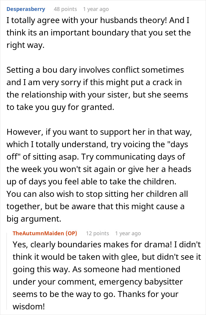 Reddit discussion about child-free lady setting boundaries on babysitting and its impact on her relationship with sister. Reddit discussion about child-free lady setting boundaries on babysitting and its impact on her relationship with sister.