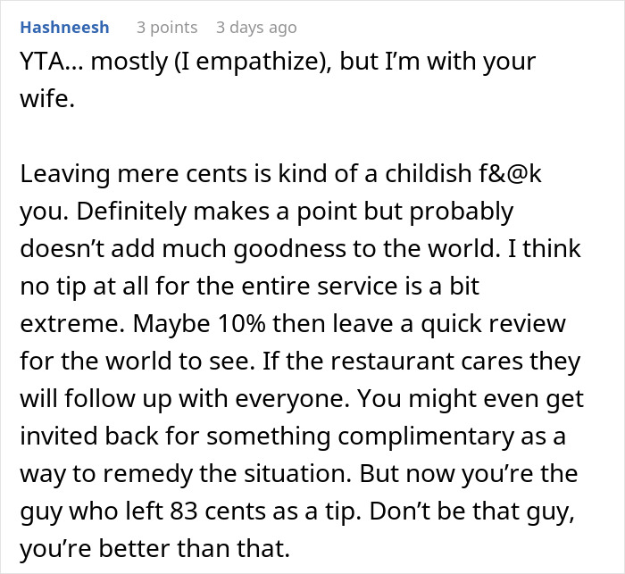 Comment discussing tipping 83 cents as childish and suggesting a 10% tip with a review instead, highlighting tipping debate. Comment discussing tipping 83 cents as childish and suggesting a 10% tip with a review instead, highlighting tipping debate.