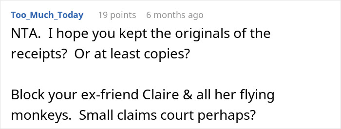 Screenshot of a forum comment discussing maid of honor demands thousands back after bride excludes her due to pregnancy weight. Screenshot of a forum comment discussing maid of honor demands thousands back after bride excludes her due to pregnancy weight.