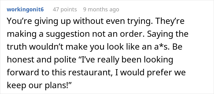 Reddit comment advising honesty and politeness when dealing with a sister who sabotaged a birthday dinner plan. Reddit comment advising honesty and politeness when dealing with a sister who sabotaged a birthday dinner plan.