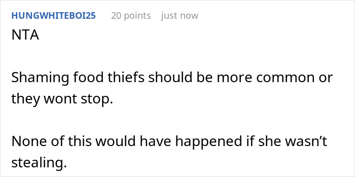Comment from user discussing shaming food thieves as a solution for coworker tea thief at work. Comment from user discussing shaming food thieves as a solution for coworker tea thief at work.