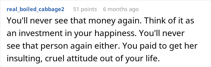 Text comment about maid of honor demanding money after bride excludes her due to pregnancy weight controversy. Text comment about maid of honor demanding money after bride excludes her due to pregnancy weight controversy.