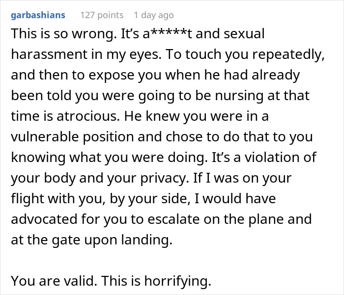Comment expressing outrage over male steward exposing a nursing mom’s chest by lifting her nursing cover mid-feed. Comment expressing outrage over male steward exposing a nursing mom’s chest by lifting her nursing cover mid-feed.