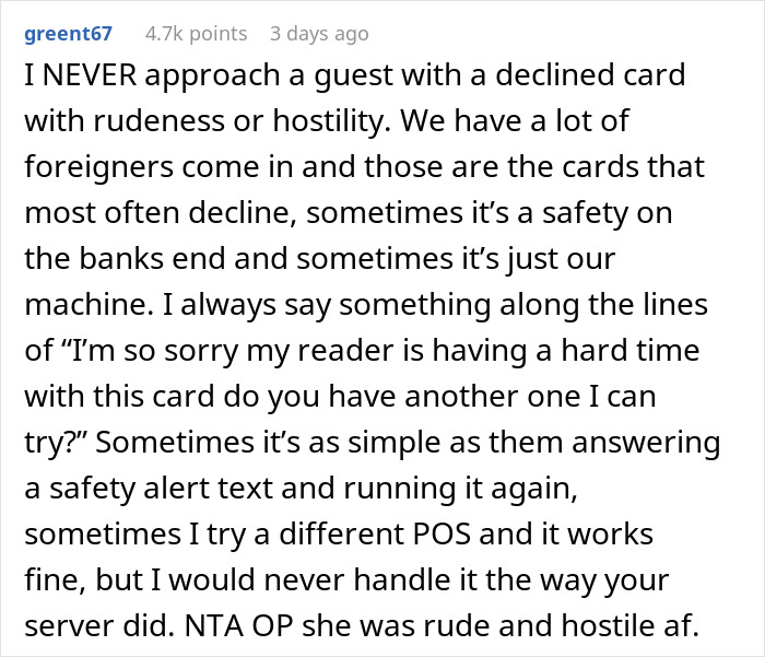 Comment discussing tipping etiquette and handling declined cards, related to the question about tipping 83 cents. Comment discussing tipping etiquette and handling declined cards, related to the question about tipping 83 cents.