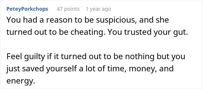 Comment discussing trusting suspicions and the impact of a private investigator’s findings on a partner’s infidelity. Comment discussing trusting suspicions and the impact of a private investigator’s findings on a partner’s infidelity.