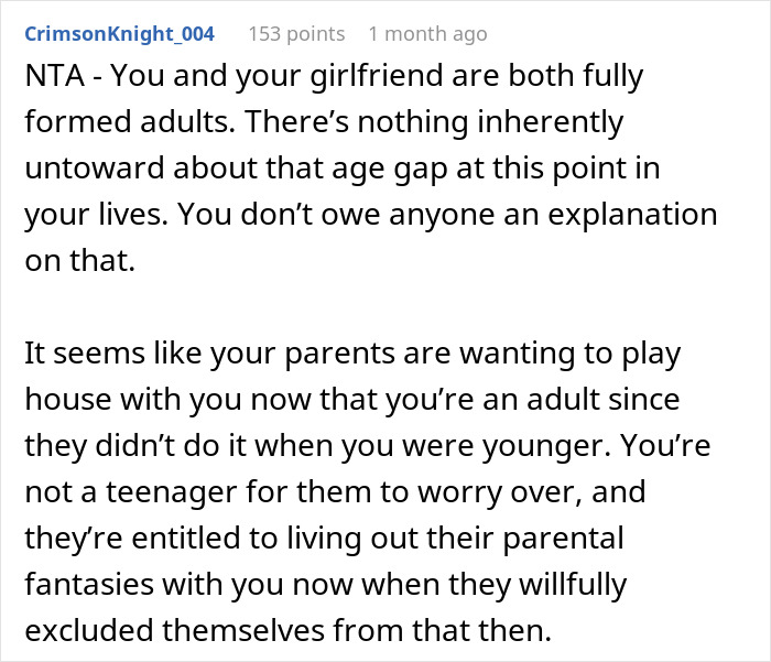 Comment discussing a woman dating someone 16 years older and her parents disapproving, calling her girlfriend disgusting. Comment discussing a woman dating someone 16 years older and her parents disapproving, calling her girlfriend disgusting.