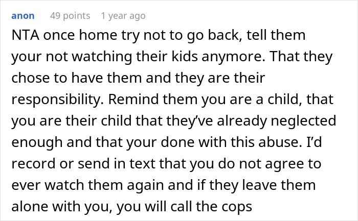 Screenshot of an online comment about a teen girl&rsquo;s struggle to babysit challenging step-siblings and setting boundaries.