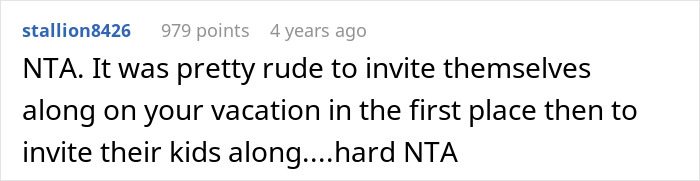 Screenshot of an online comment discussing the challenges of vacation without kids babysitting and uninvited guests bringing children along. Screenshot of an online comment discussing the challenges of vacation without kids babysitting and uninvited guests bringing children along.