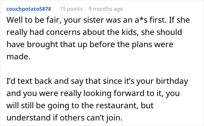 Comment discussing sister sabotage during birthday dinner plans, mentioning concerns and advice for handling the situation. Comment discussing sister sabotage during birthday dinner plans, mentioning concerns and advice for handling the situation.