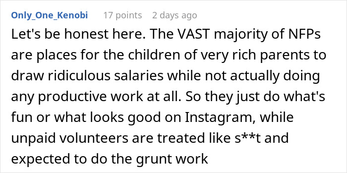 Screenshot of an online forum comment discussing non-profit employees and accusations related to fudging hours. Screenshot of an online forum comment discussing non-profit employees and accusations related to fudging hours.