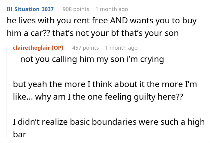 Reddit comments discussing a jobless guy expecting his provider girlfriend to share her $20K win and buy him a car. Reddit comments discussing a jobless guy expecting his provider girlfriend to share her $20K win and buy him a car.