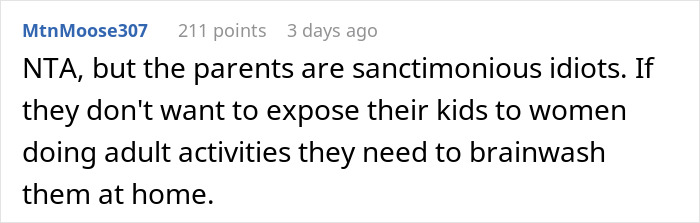 Screenshot of online comment criticizing parents for wanting to shield kids from women drinking alcohol in public. Screenshot of online comment criticizing parents for wanting to shield kids from women drinking alcohol in public.