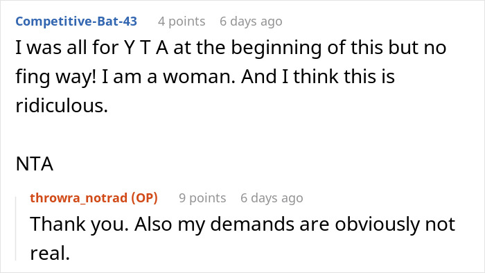 Woman rejects husband's description of tradwife role in online discussion about their relationship expectations. Woman rejects husband's description of tradwife role in online discussion about their relationship expectations.