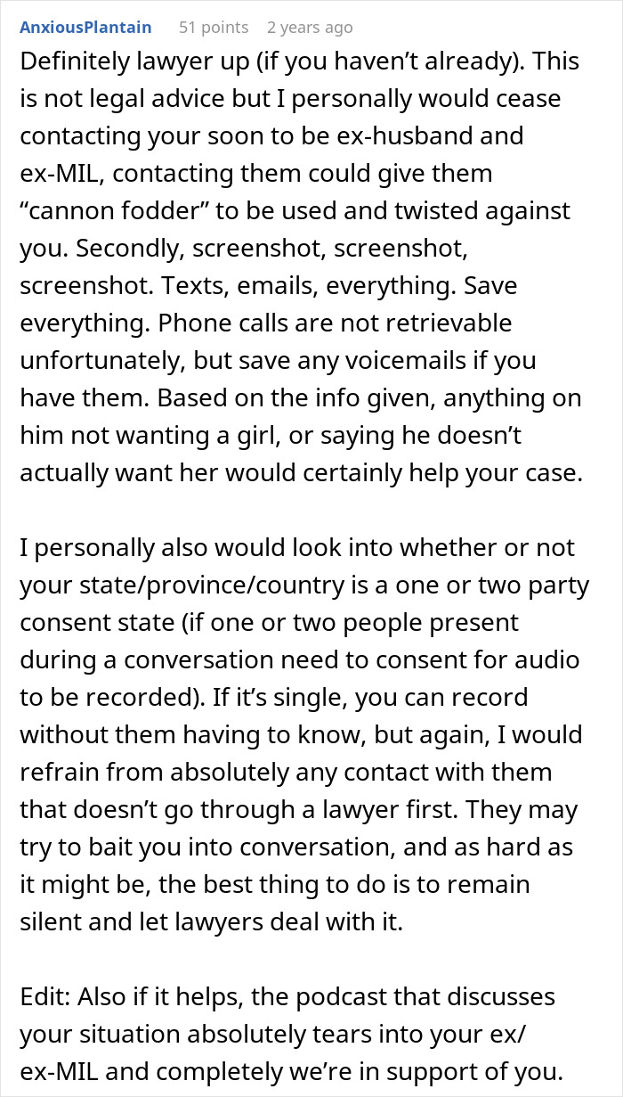 Screenshot of Reddit advice on legal steps for divorce and issues involving MIL accusing pregnant DIL of manipulating baby’s gender. Screenshot of Reddit advice on legal steps for divorce and issues involving MIL accusing pregnant DIL of manipulating baby’s gender.