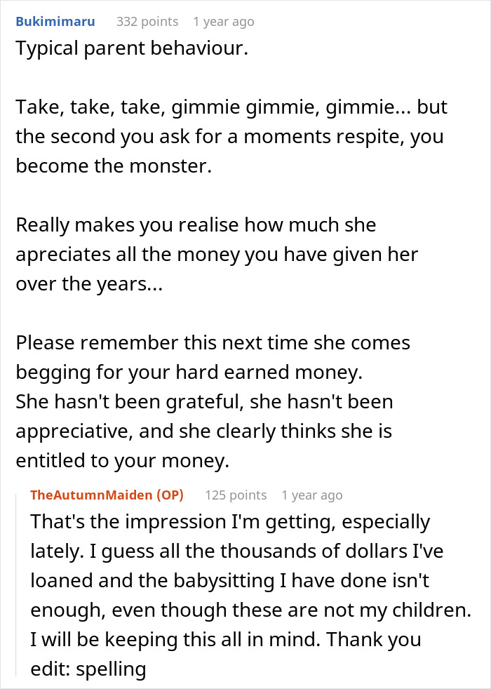 Commenter discusses child-free lady's warning about too much babysitting leading to strained sister relationship. Commenter discusses child-free lady's warning about too much babysitting leading to strained sister relationship.