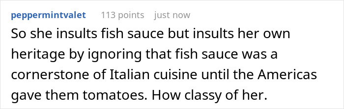 Text comment discussing Italian cuisine and heritage, mentioning fish sauce and the impact of the Americas on Italian food. Text comment discussing Italian cuisine and heritage, mentioning fish sauce and the impact of the Americas on Italian food.