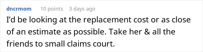 Screenshot of a social media comment suggesting small claims court after sister’s friends drank irreplaceable champagne. Screenshot of a social media comment suggesting small claims court after sister’s friends drank irreplaceable champagne.