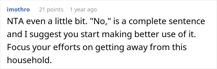 Screenshot of a social media comment advising to say no clearly and suggesting to avoid a household conflict over babysitting. Screenshot of a social media comment advising to say no clearly and suggesting to avoid a household conflict over babysitting.
